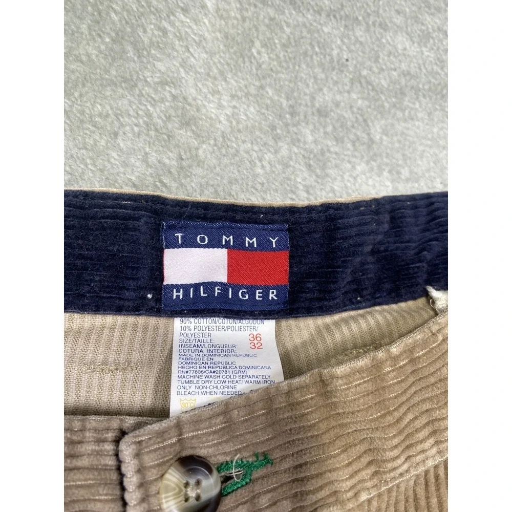 Tommy Hilfiger Pants Mens 36x32 Tan Corduroy Pleated Casual‎ Crest Logo Classic